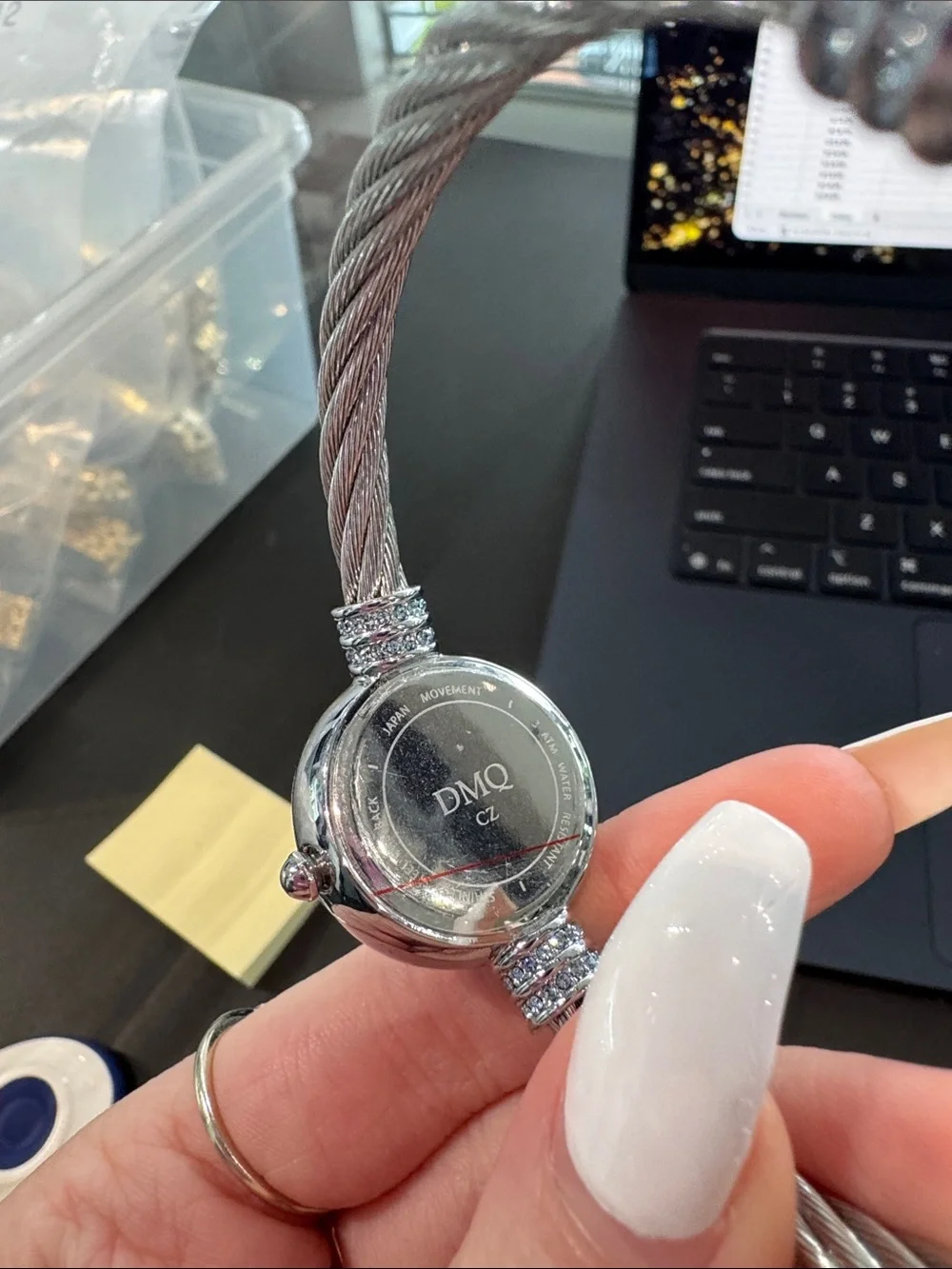 New DMQ Diamonique Silver-tone MOP Cable Bangle Watch